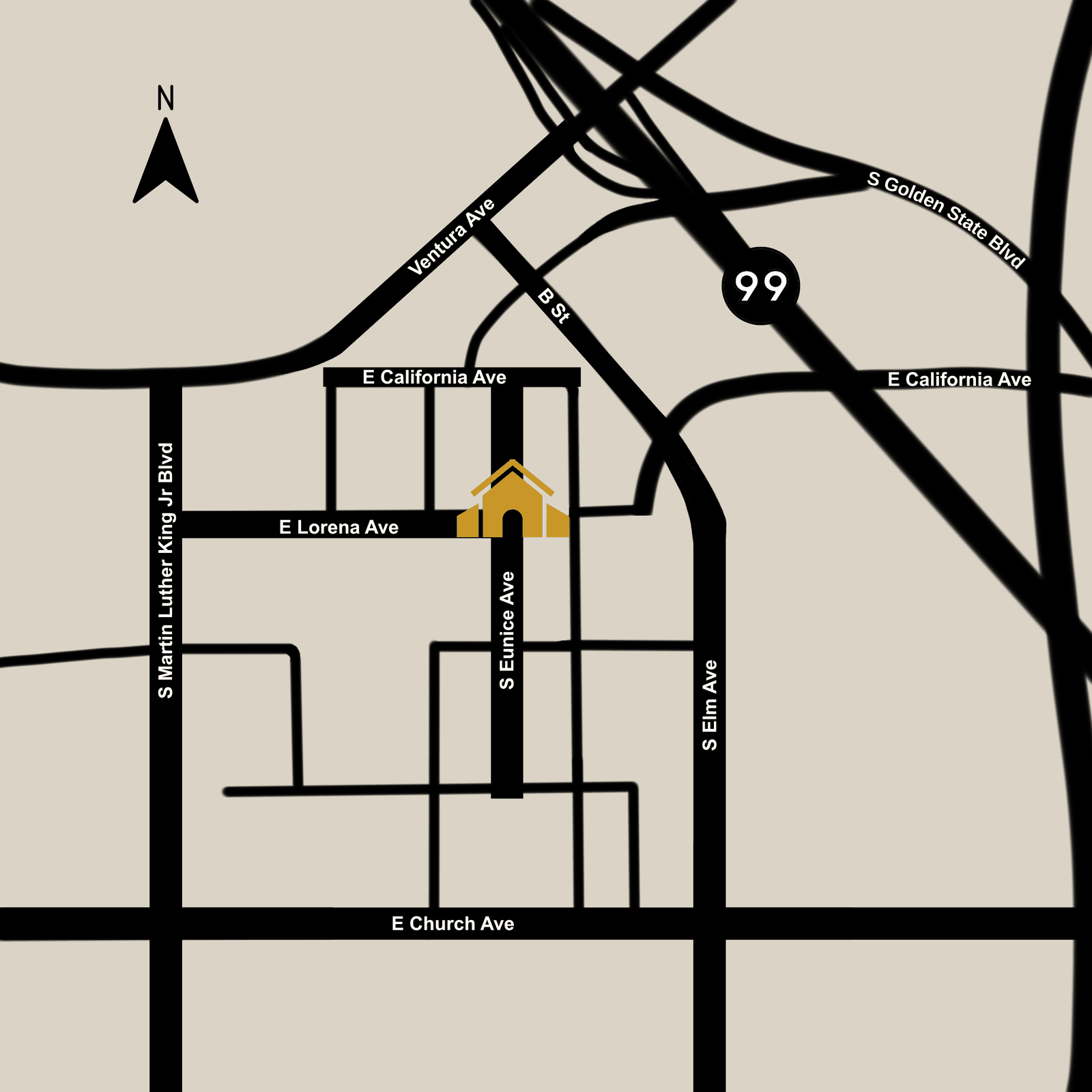 Map showing the church at S Eunice Ave and E Lorena Ave, between Martin Luther King Jr Blvd and S Elm Ave, north of E Church Ave